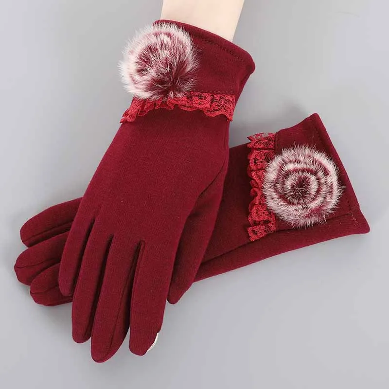 Lace Red--Velvet Зимние женские перчатки, ручные варежки для женщин, шерстяные женские вязаные кашемировые наручные перчатки Luva, перчатки для вождения автомобиля, перчатки для сенсорного экрана - Цвет: Lace Red--Velvet