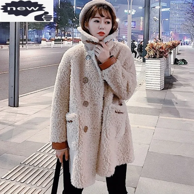 Fashion 2021 New Winter Real Fur Jacket Women Warm Loose Fit Wool Coat Vintage Double Breasted Jackets Sheep Shearing Outwear