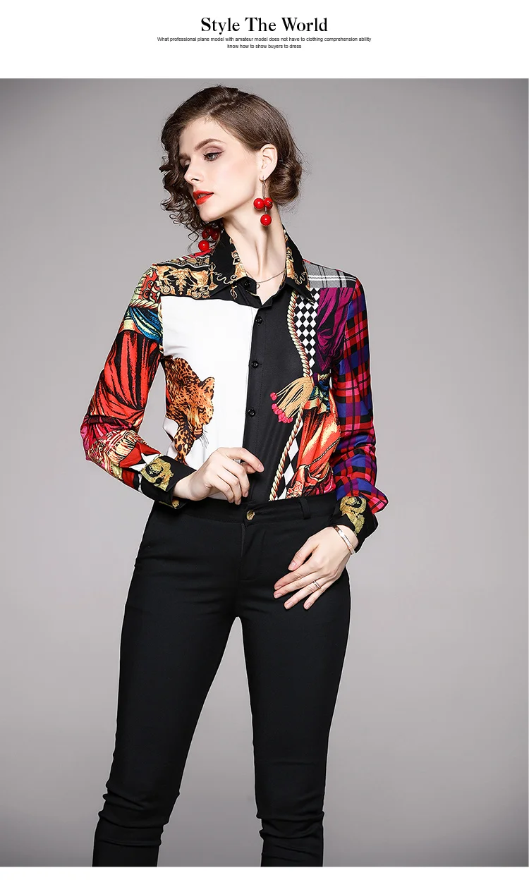 Женские блузы Tiger, Подиумные дизайнерские топы с цветами, Camisa Feminina,, осенние Рубашки с длинным рукавом, офисные женские белые, синие с принтом