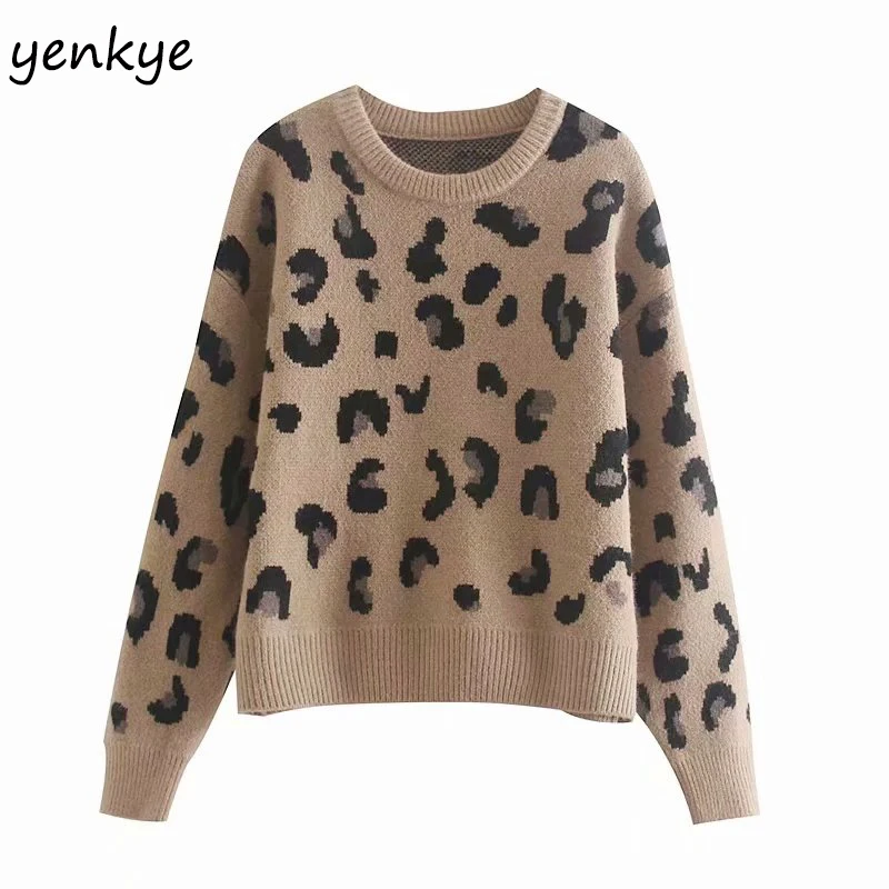 

New Fall Women Vintage Leopard Sweater Long Sleeve Round Neck Casual Pullover Sweater Plus Size Pull Femme Autumn Tops
