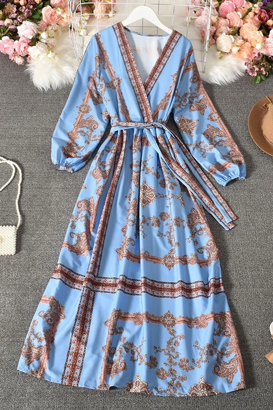 

Spring Women Long Dress Ladies Retro V-neck Long Lantern Sleeves Drawstring Sashes Palace Printed Mid-calf Swing Dress 2021