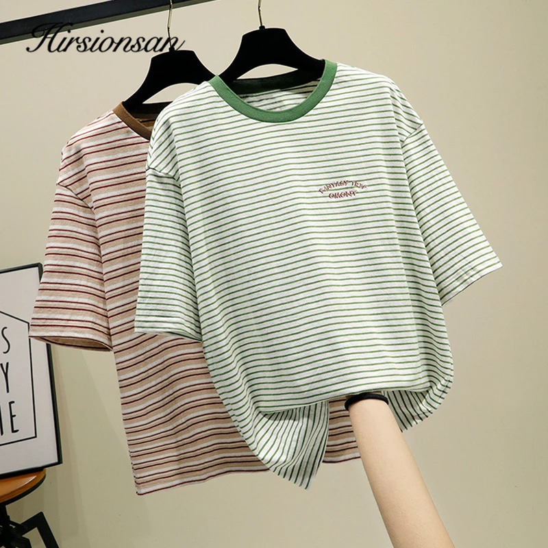 

Hirsionsan футболка в полоску с вышитыми буквами для женщин 2020 Корейская Эстетическая летняя хлопчатобумажная футболка шикарная Мягкая футболк...