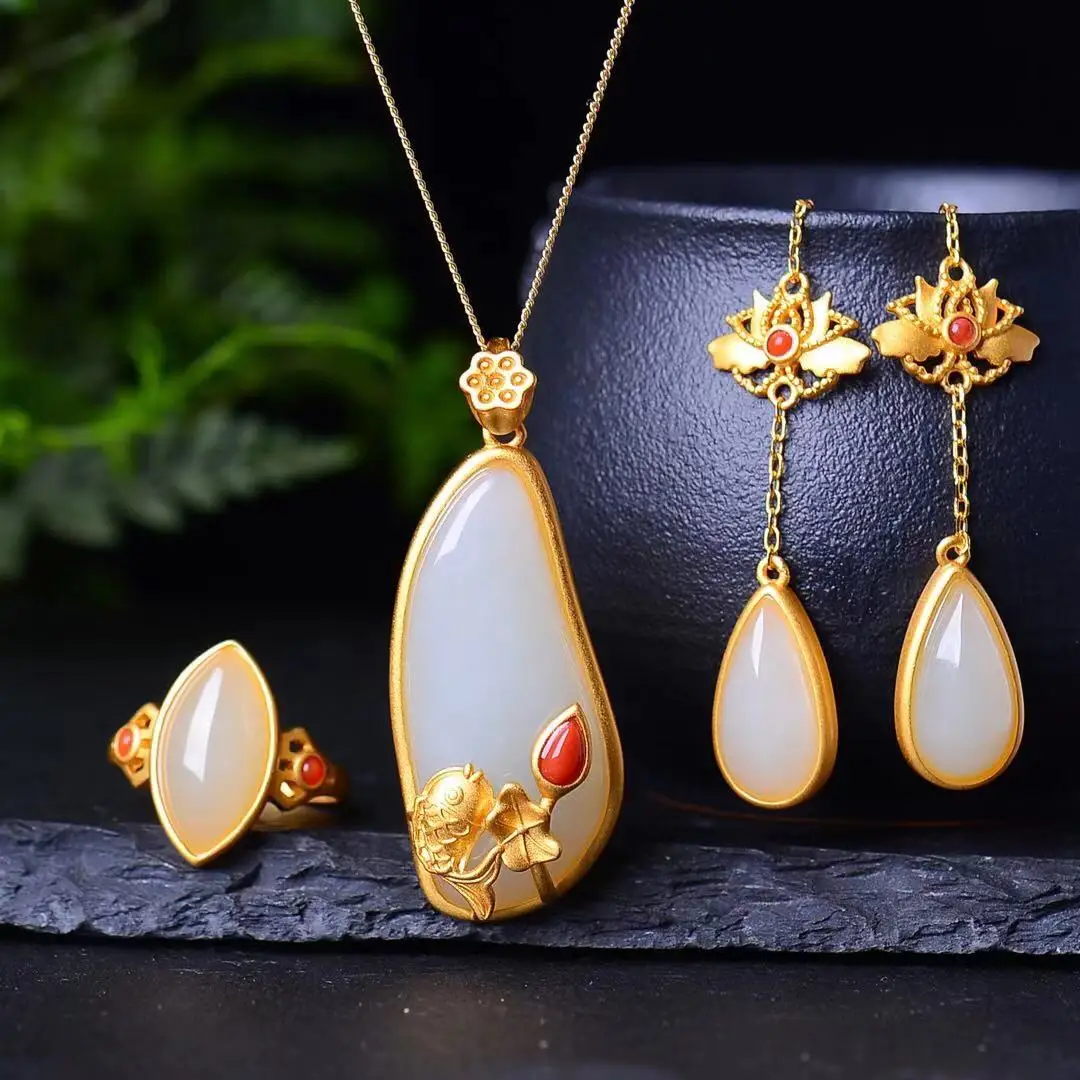 

Natural 925 Silver Inlaid Hetian Jade Ring Earrings Pendant Necklace