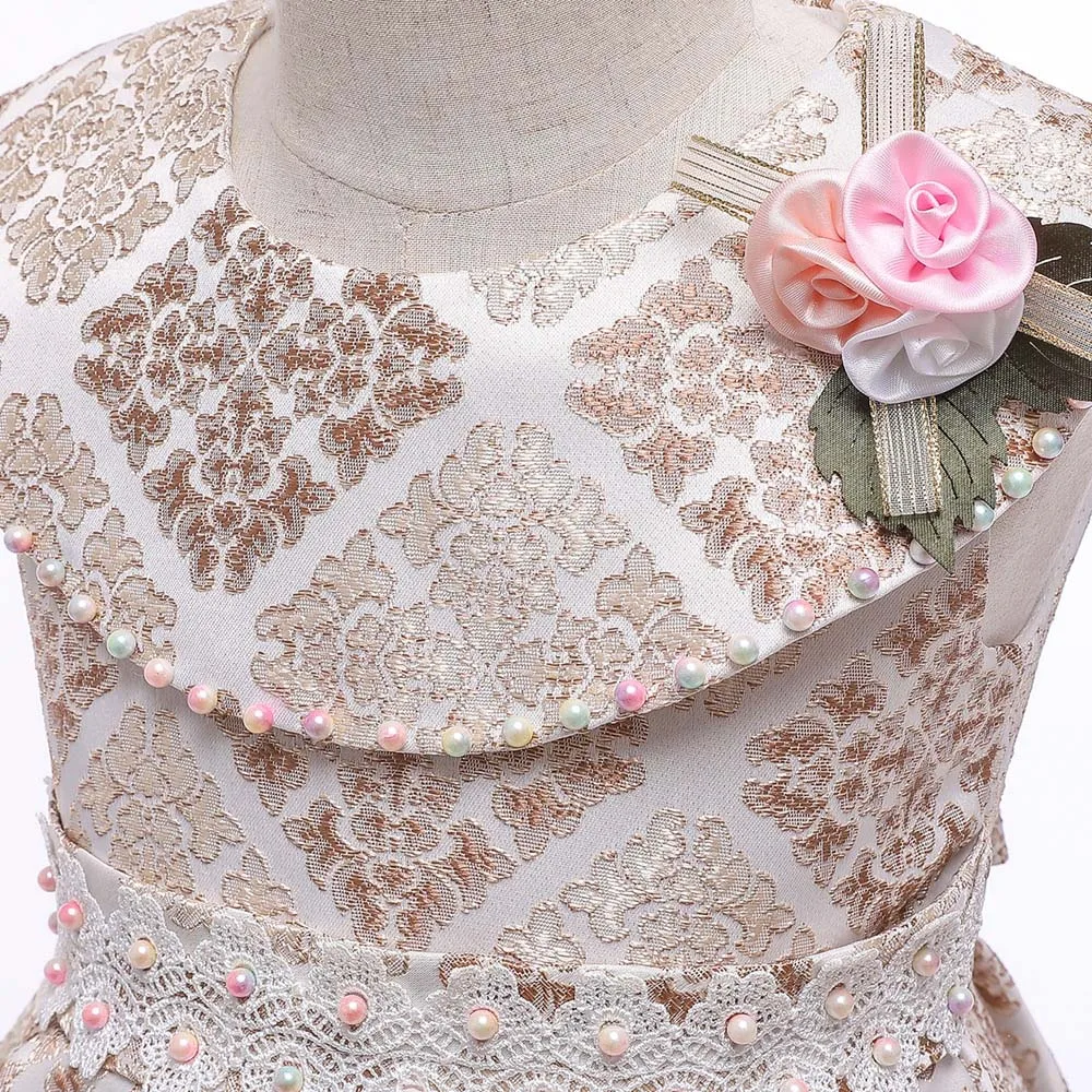 

Flower Girls Dresses Vintage Sleeveless O-Neck Appliques Embroidery Pearls Knee-Length Luxury Pink Kids Party Princess Gown F458