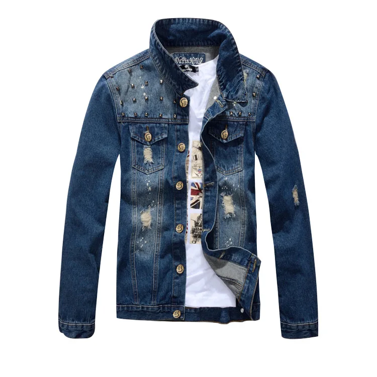 

2021 Men's Motorcycle Rivet Denim Jacket Slim Handsome Personality Trend Ripped Denim Jacket