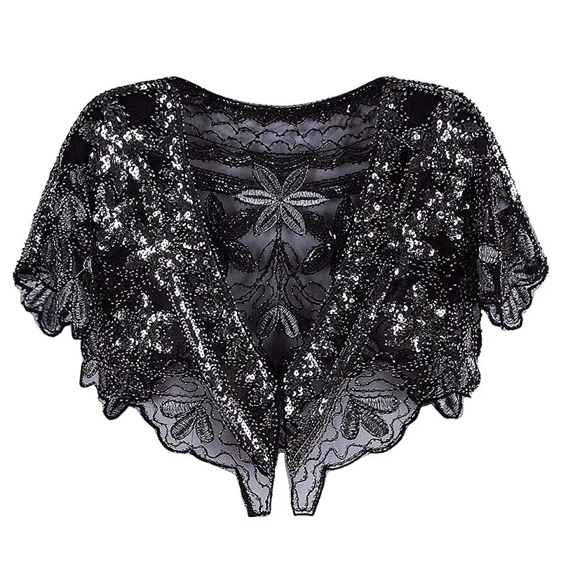Black silver shawl Женская шаль 1920s Короткая Свадебная накидка Арт Деко с пайетками и бисером вечерняя накидка Болеро Хлопушка накидка летняя накидка - Цвет: Black silver shawl
