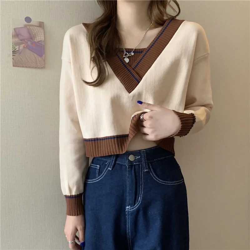 

Женский Тонкий Топ на раннюю осень, новинка 2021, короткий свитер, Мягкая универсальная рубашка с имитацией двух предметов в нежном стиле