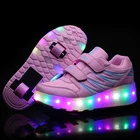 Светящиеся кроссовки с двумя колесиками, черные фрижевые кроссовки для роликовых коньков, детская обувь со светодиодной подсветкой для мальчиков и девочек, обувь унисекс с подсветкой