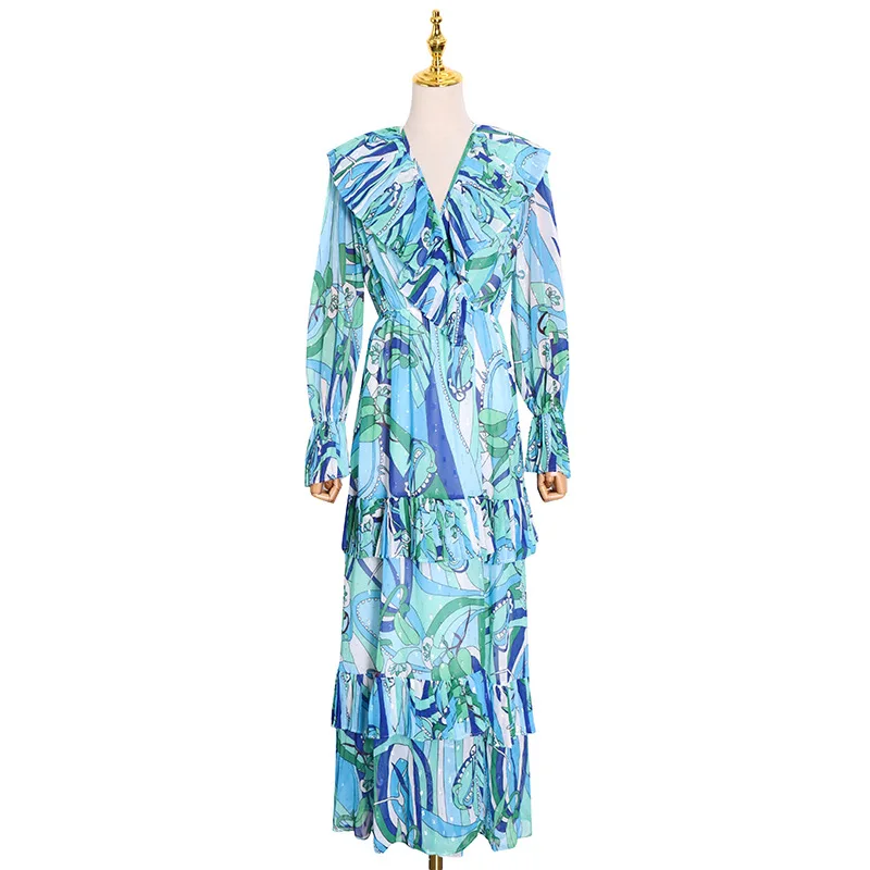 

Summer new high waist big open fork sexy v-neck lantern sleeve ruffled cake long dress