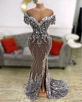 2022 plus size arabic beading mermaid split prom dresses sheer neck short sleeve evening formal party second reception gowns