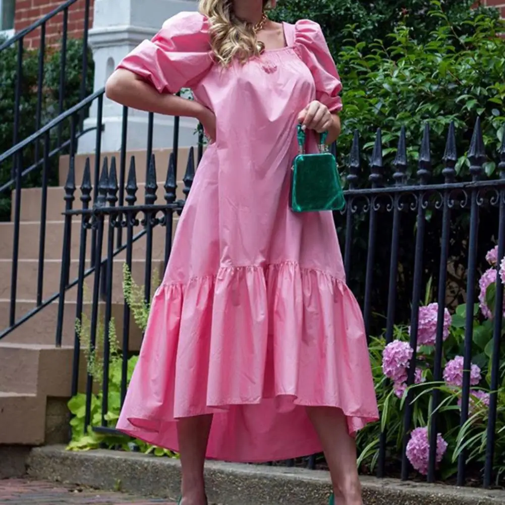 

Women Elegant Ruffles Dress Sundress Solid Color Puff Sleeve Summer Square Neck Ruffled Hem Dress Femme Robe Vintage Vestidos