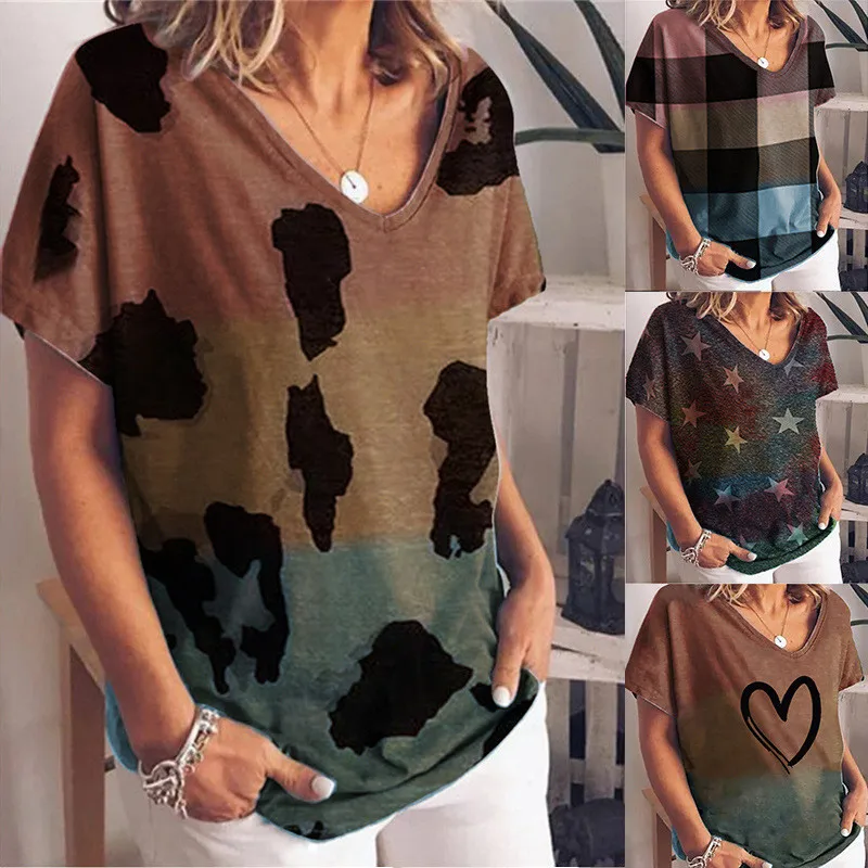 

2021 Summer New Women Casual Tops Loose V-neck T-shirt Leopard Short Sleeve Shirts Ladies Fashion Cotton Tops Plus Size S-5XL