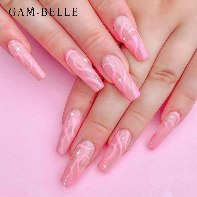 

GAM-BELLE 24 шт ложный пресс на ногтях розовый волнистый узор Французский квадратный полный искусственный пресс на художественное оформление но...