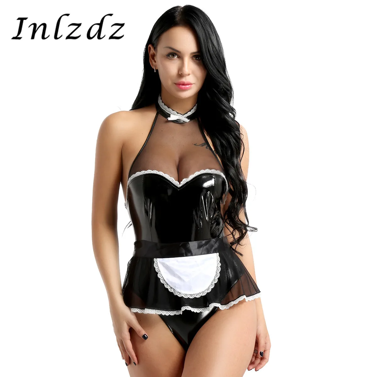 Женский сексуальный боди Сексуальная горничная Косплей Костюм мокрая кожа с