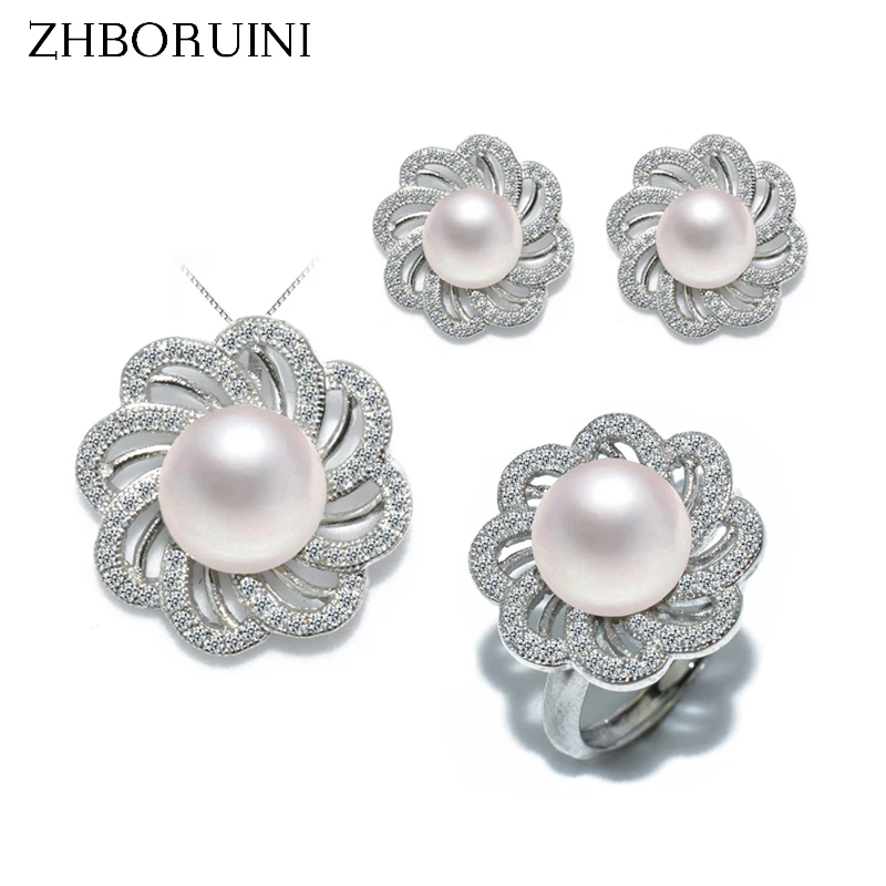 ZHBORUINI Fashion Pearl Jewelry Set Natural Freshwater Pearl Flower Necklace Earrings Ring 925 Sterling Silver Jewelry For Women