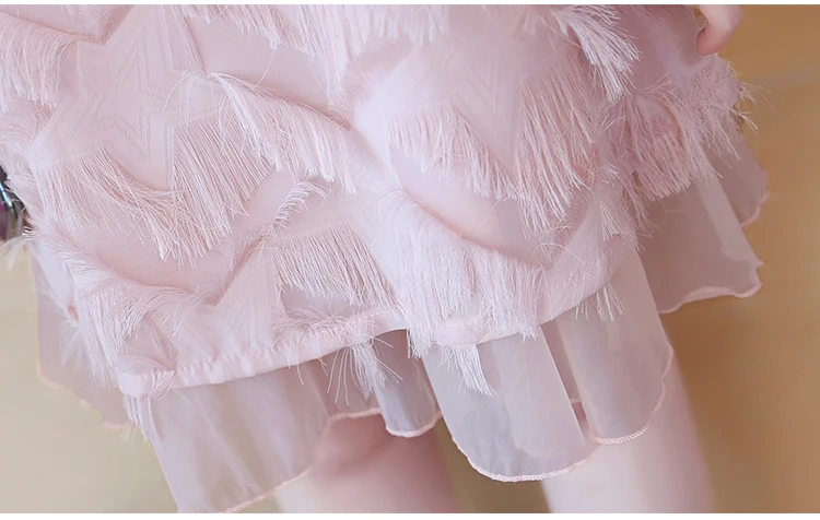 

Pink Dress Ruffle Sleeveless O Neck Women 2020 Summer New Korean Style Tassel Elastic Waist Chiffon Mesh Sexy Women Dresses