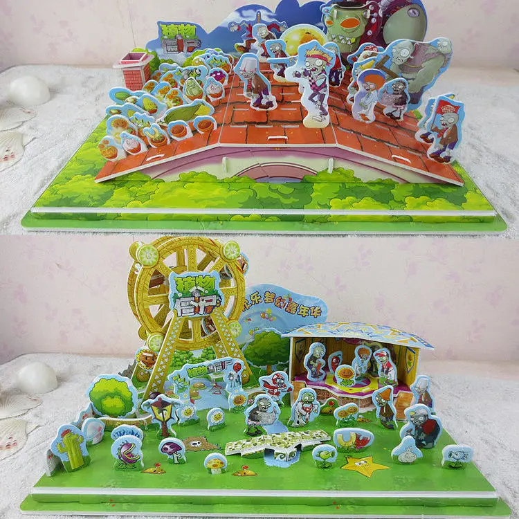 Plants Vs Zombies-rompecabezas creativo de dibujos animados, rompecabezas tridimensional de espuma de papel, modelo de montaje, juguetes educativos para ni&ntilde;os-4