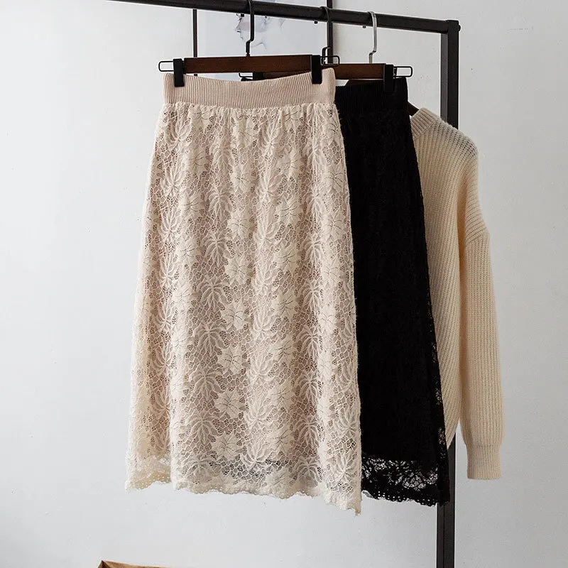 2019 High Waist Knitted Two Side Wear Women Winter Midi Lace Skirt Chic Autumn Thick Faldas Jupe Femme Saia | Женская одежда