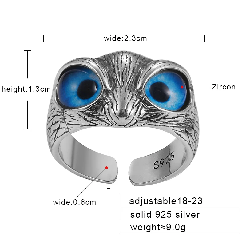 ZABRA Adjustable Owl Ring Vintage Rock 925 Sterling Silver Rings For Men Women Blue Stone Zircon Biker Jewelry Size 8-10.5 | Украшения и