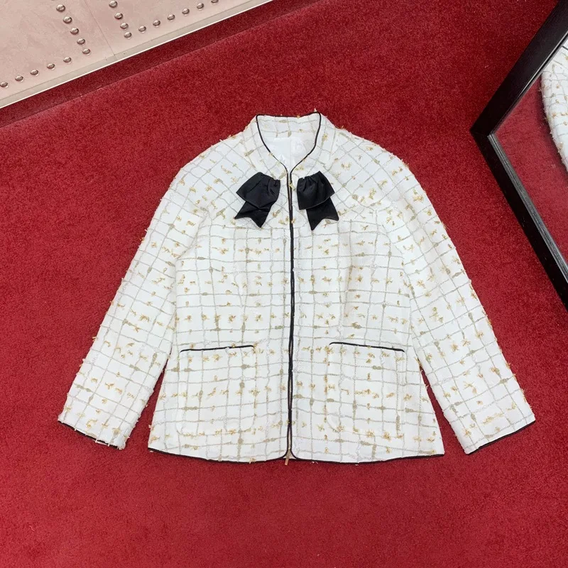 Золотая нить тканая 2020 твидовый воротник стойка бант тонкая куртка элегантная