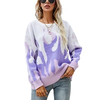 2021 new women printed knit sweater adults loose color block long sleeve round neck pullover