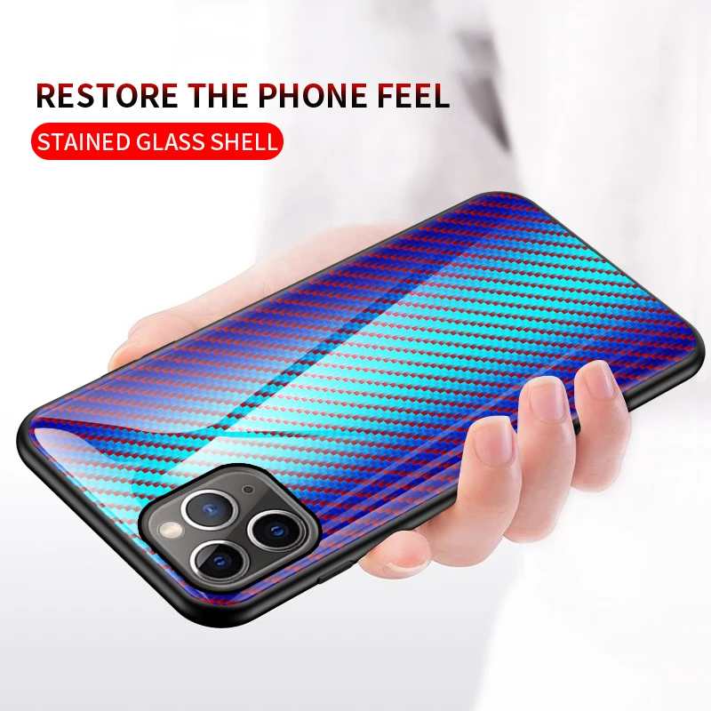 KEYSION Gradient Tempered Glass Case for iPhone 11 Pro Max Carbon fiber Shockproof Back Phone Cover |