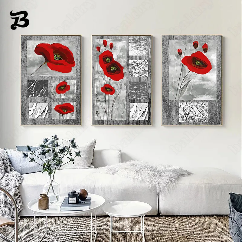 

Canvas Painting Red Flower Modern Grey Abstract Wall Art Posters and Prints Decorative Wall Pictures for Living Room Decoration