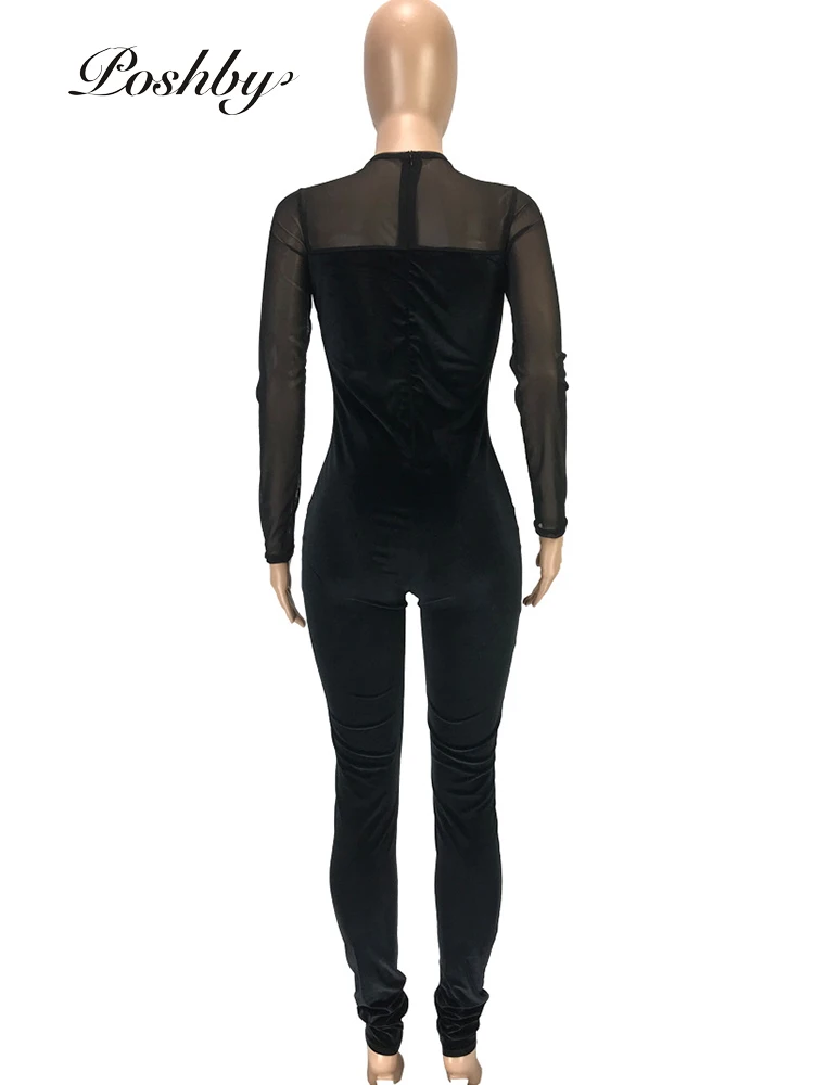 

Poshby Sexy Y2k Skinny Elegant Lady Rompers Women Mesh Velvet Patchwork See Through Long Sleeve Autumn Winter Bodycon Jumpsuits