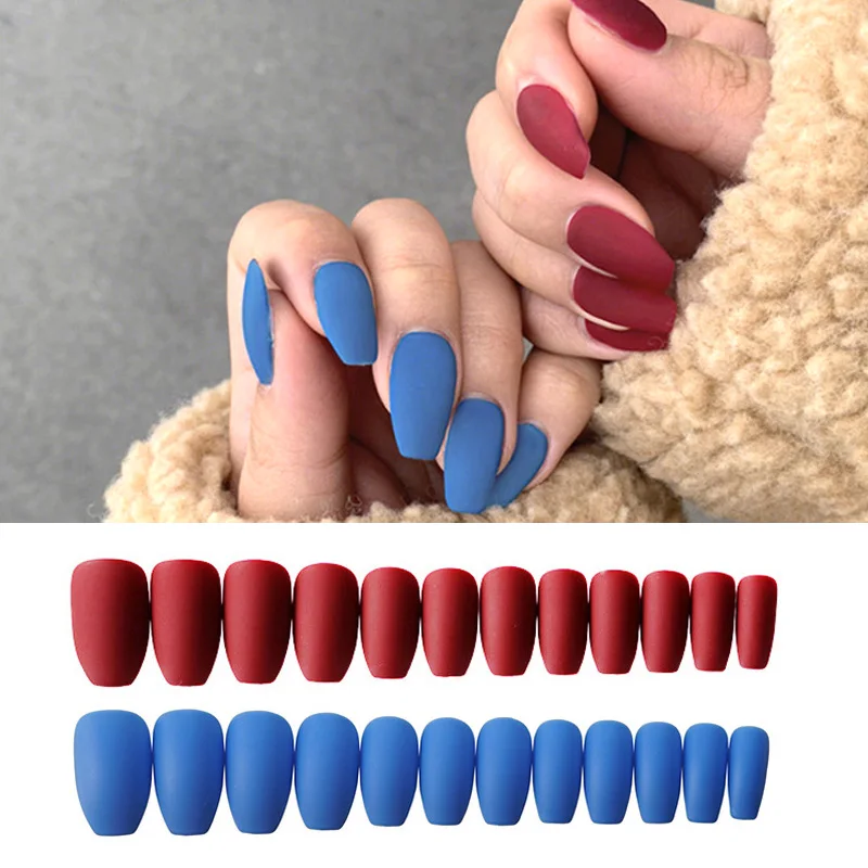 24pcs Wine Red Matte Coffin Ballerina False Nail Art Tips With Glue Acrylic Full Cover Fake Nails Manicure Press on Tools | Красота и