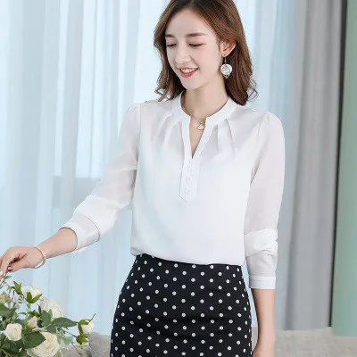 Осень 2019 Женская белая рубашка рубашки с длинным рукавом однотонная шифоновая
