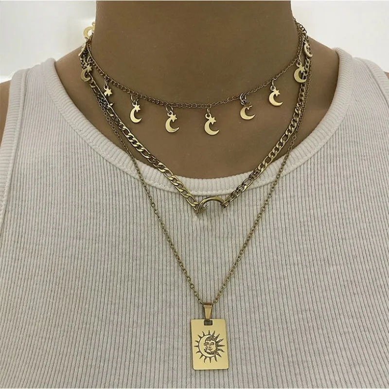 

Vintage Sun Moon Face Necklaces For Women Stainless Steel Gold Chain Moon Sun Smile Pendant Necklace Boho Jewelry Collier