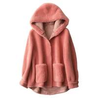 real fur women coat sheep fur hooded short overcoat wool outwear 2xl loose warm winter long sleeves pockets female jackets 2021