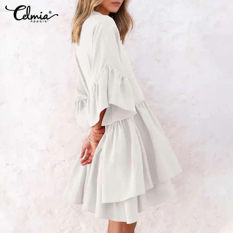 Women Dress Autumn 2022 Celmia Bohemian Ruffles O-neck White Mini Robe Half Sleeve Loose Shirt Dress Sexy Solid Pleated Vestidos