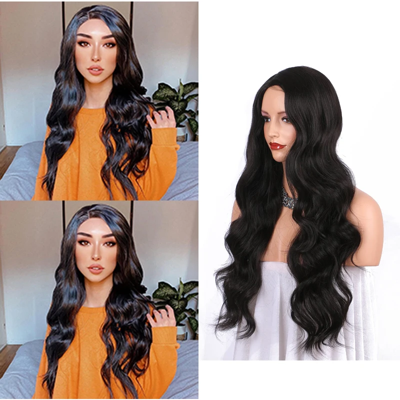 

Dark Brown Synthetic Wigs for women Natural Wavy Right Side Parting None Lace Heat Resistant Replacement Wig Full Machine Made