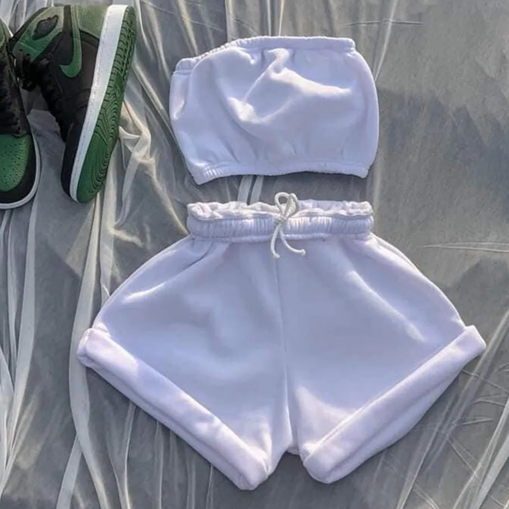 

Casual Solid Workout Sportswear Two Piece Sets Women Sleeveless Top+Drawstring Elastic Shorts Matching Set Athleisure Outfits
