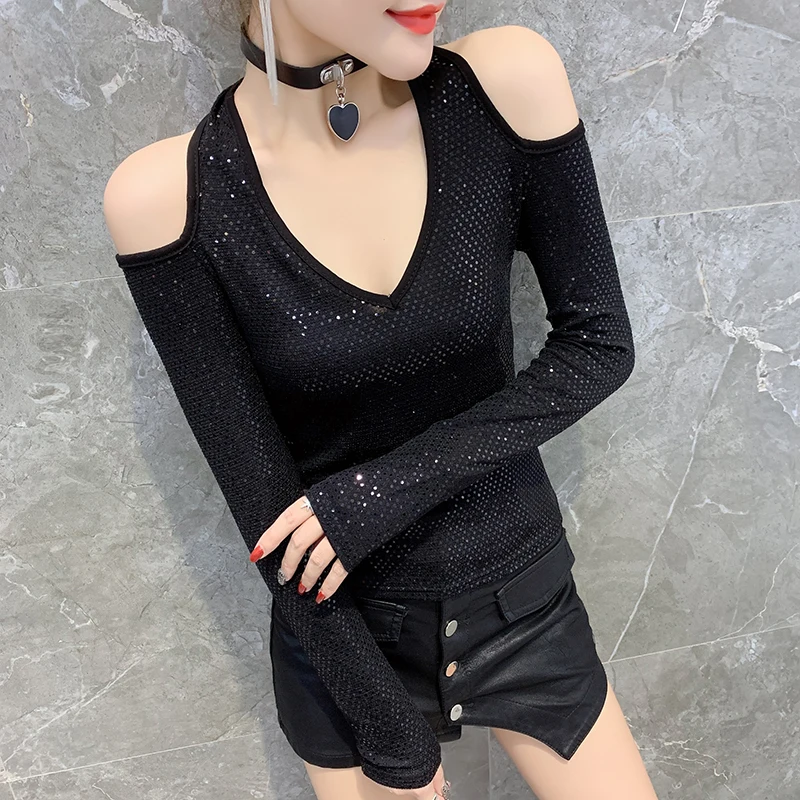 Color gold tshirt Модная сексуальная блестящая Рождественская футболка с открытыми плечами и пайетками для женщин, осень, топы с длинным рукавом, одежда Camiseta Mujer Tee T9N405 - Цвет: Color gold tshirt