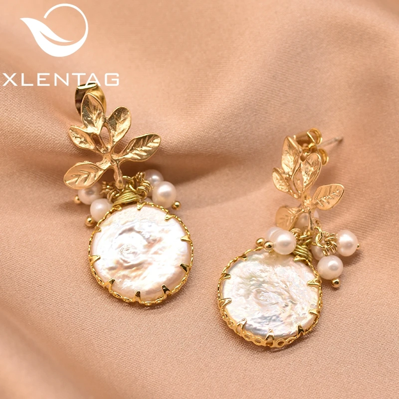 XlentAg Natural Fresh Water Baroque Pearl Drop Earrings Women Plant Leaves Dangle Earrings Luxury Handmade Fine Jewelry GE0308
