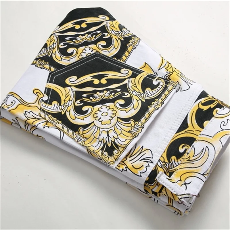 EH·MD® White Floral Jeans Men's Anime Embroidery Black and White Split Soft Slim Cotton Stretch Pants Tide Brand Four Seasons