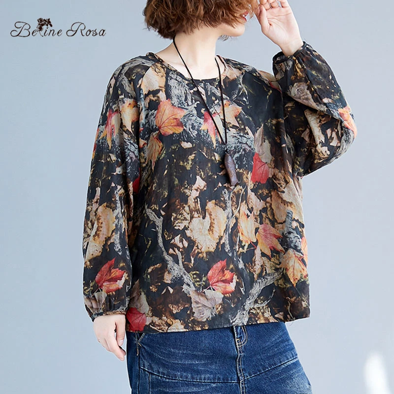 BelineRosa Ретро Винтаж Печать Футболка женская Повседневная Свободная с длинным