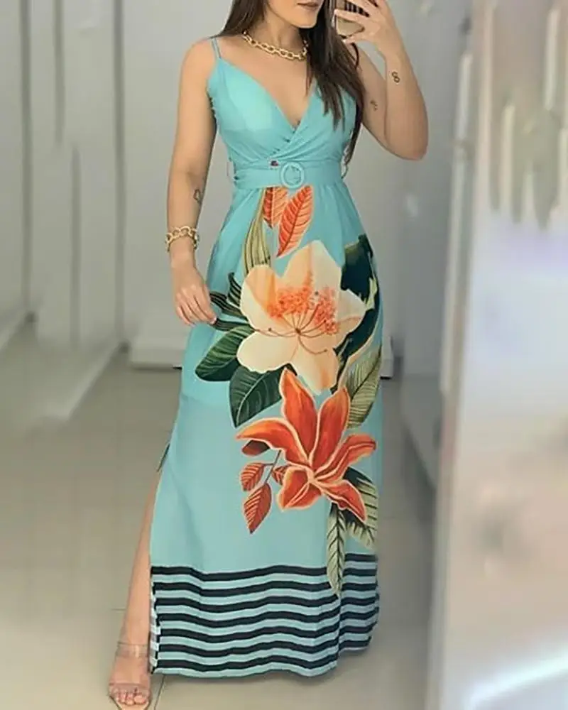 Платье макси в полоску с цветочным принтом и разрезом сбоку|Женские платья| |