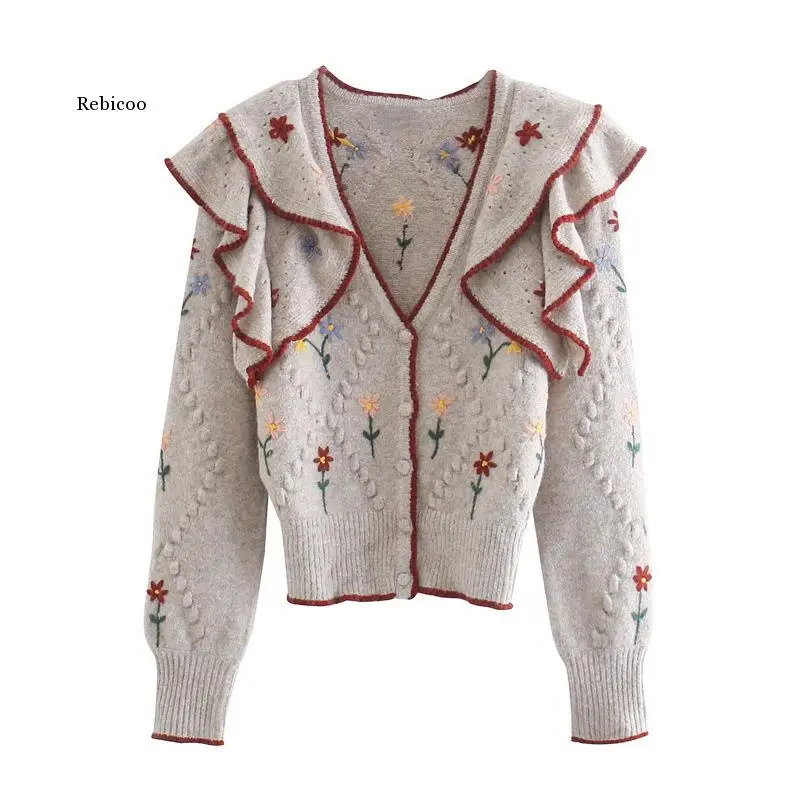 

Винтажный Стильный кардиган с цветочной вышивкой и оборками, свитер, женская модная теплая одежда на весну и осень, повседневные топы