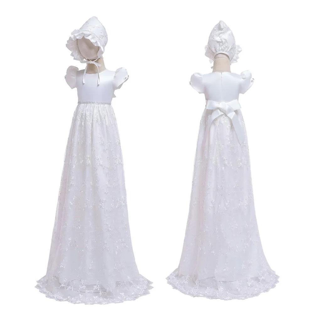 

2021 hot-selling 3M To 12M Pure white baptism dresses for baby newbron First Communion Dress White first baptism Gown With Hat
