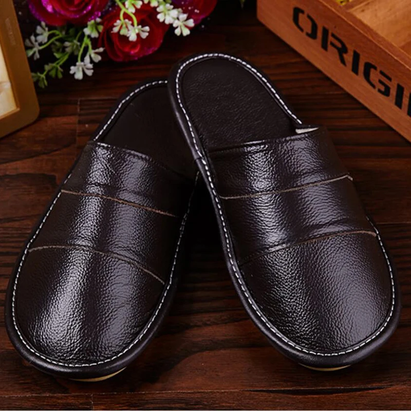 Тапки мужские из натуральной кожи Нескользящие толстые однотонные домашние