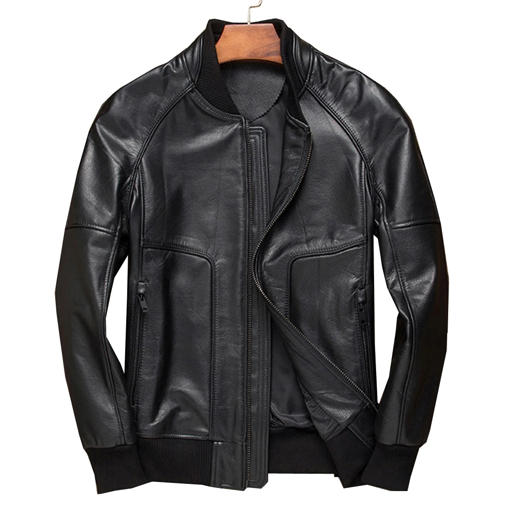 

cow Real quality leather male jacket real cow skin Outwear stand collar Men fashion leather regular autumn winter jacket 4XL