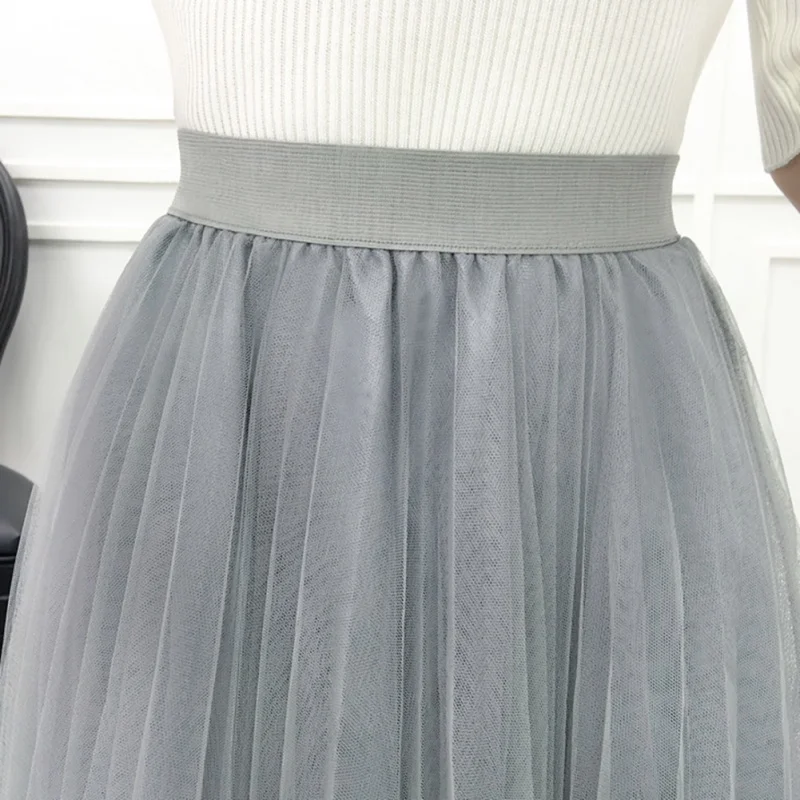 

Womens Black Gray White Adult Tulle Skirt Elastic High Waist Pleated Midi Skirts
