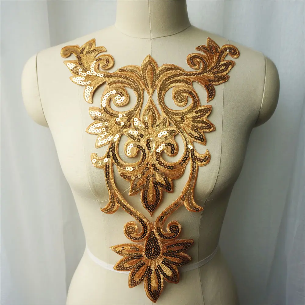 Золотые блестки сова вышитая ткань обшивки свадебное платье аппликация Воротник