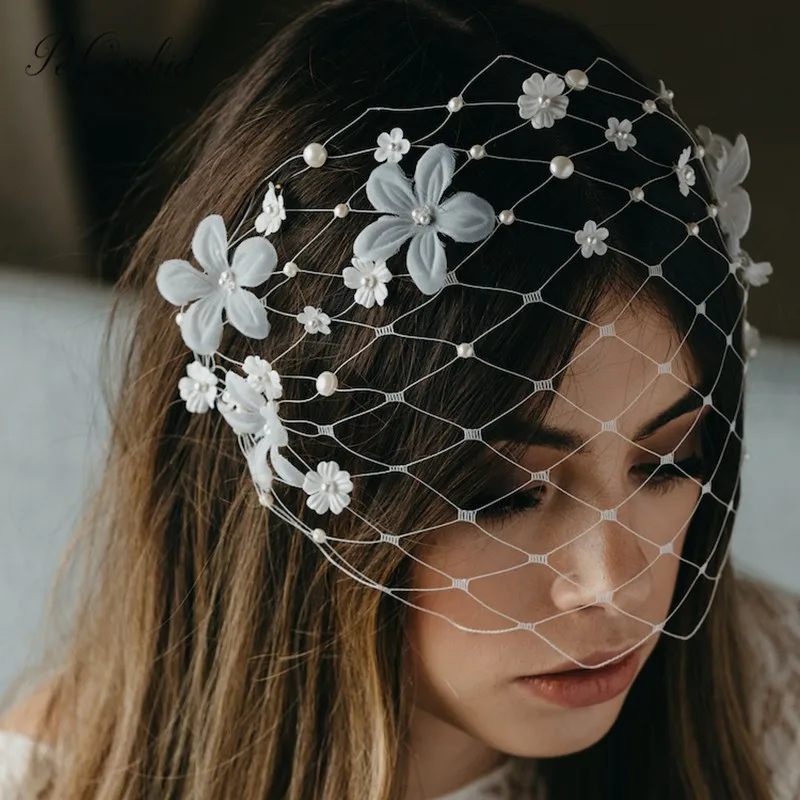 

PEORCHID Charming Bridal Birdcage Veils Women Pearls Flowers Headpiece Fascinator Party Wedding Face Veil Hair Accessories