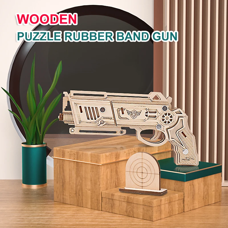 

2021Rubber Band Cutting 3D Puzzle Bullet Woodcraft Assembly Kit Revolver Wooden Toys Wooden Shooting Toy Guns Boys