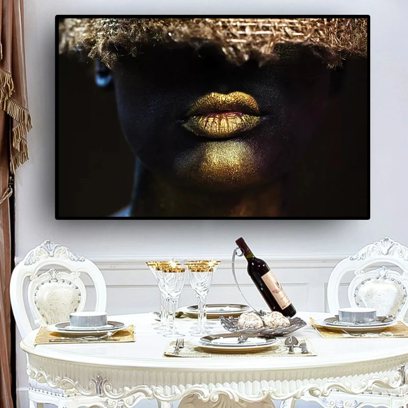

Large Size Golden Sexy Lips African Black Woman Picture Canvas Painting Oil Painting Wall Art Picture Poster Modern Decor Home