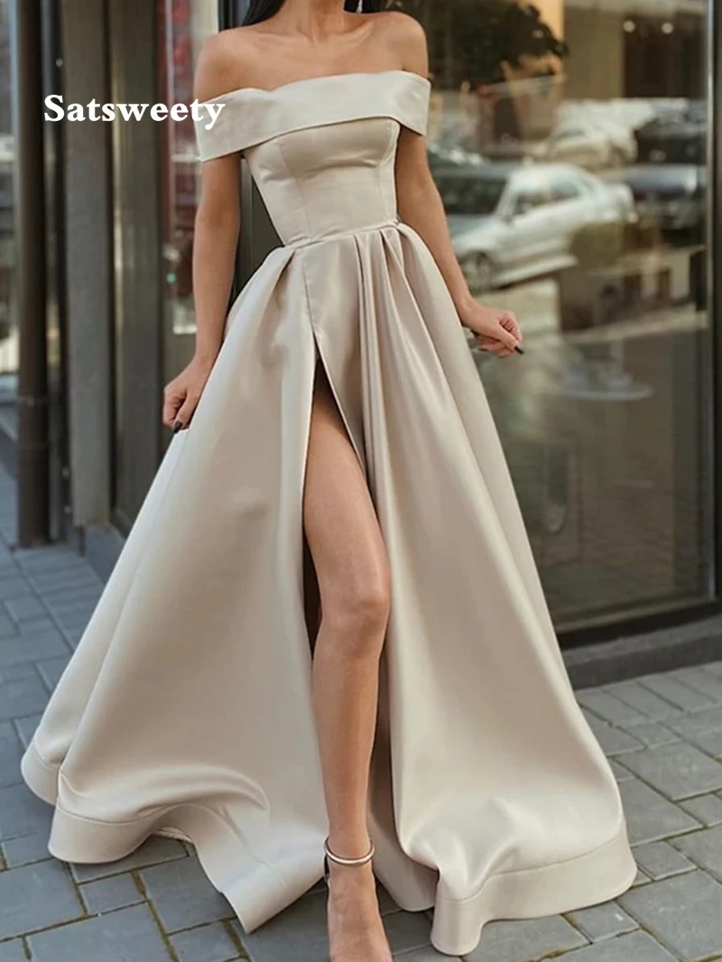 

2020 Off the Shoulder Champagne High Slit Long Prom Dresses vestidos de fiesta de noche Boat Neck Evening Gowns